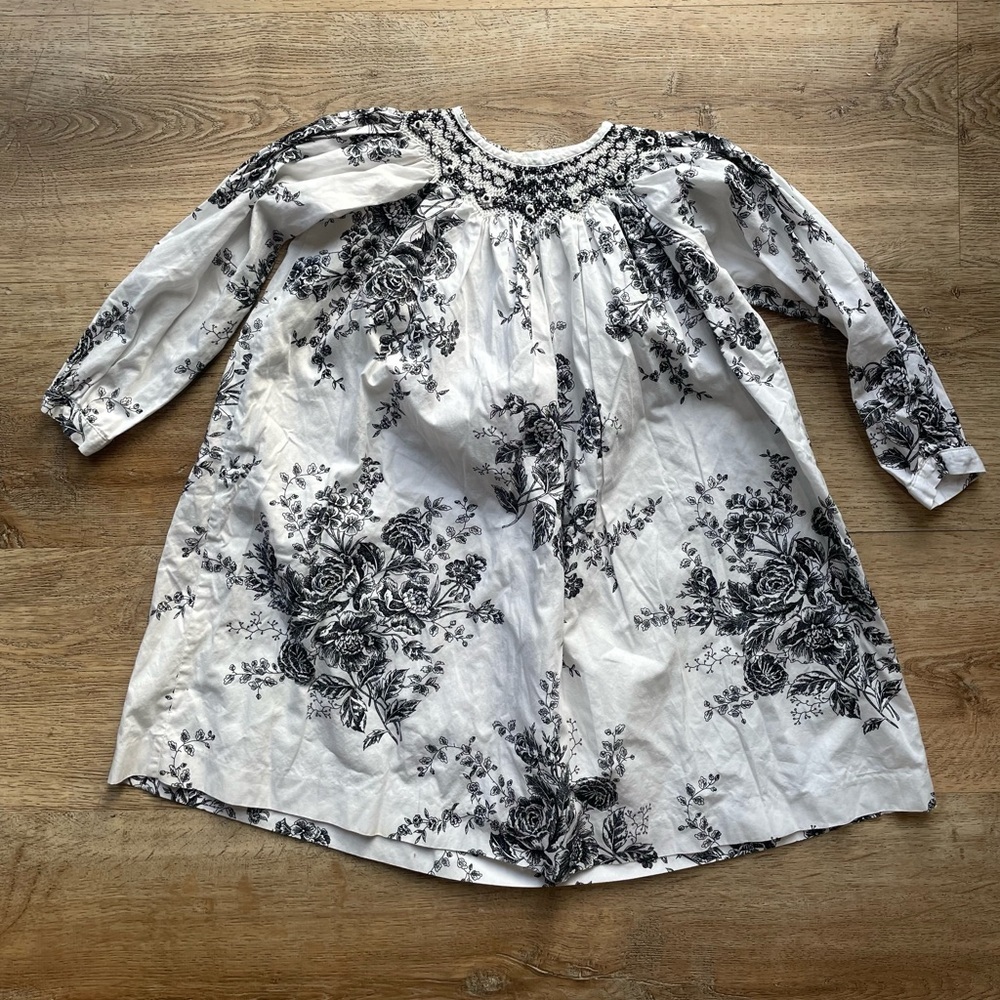 Rare Editions Black White Floral Smocked Long Sleeve Dress Vintage Cottagecore